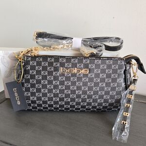 Bebe Adela Monogram Baguette Crossbody with Gold Accents Black/Gray